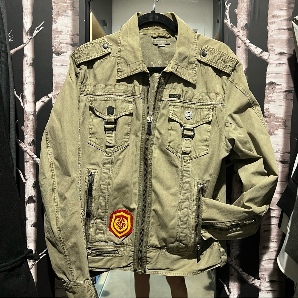 RARE Genuine DIESEL Military Style Green Mens Vintage Y2K Distressed Jacket Lrg